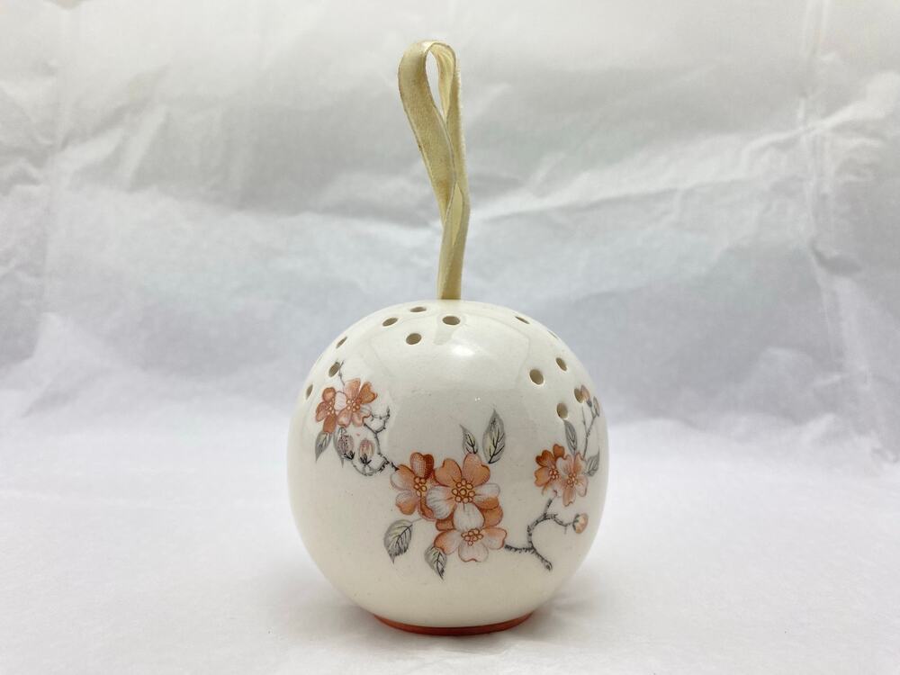 Vintage Pierced Ceramic Sphere Ornament Floral Pink Gold Accent 3 Inch